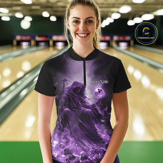 Custom Purple Flame Grim Reaper Bowling Women Quarter-Zip Shirt, Halloween Bowling Outfit IPHW9468