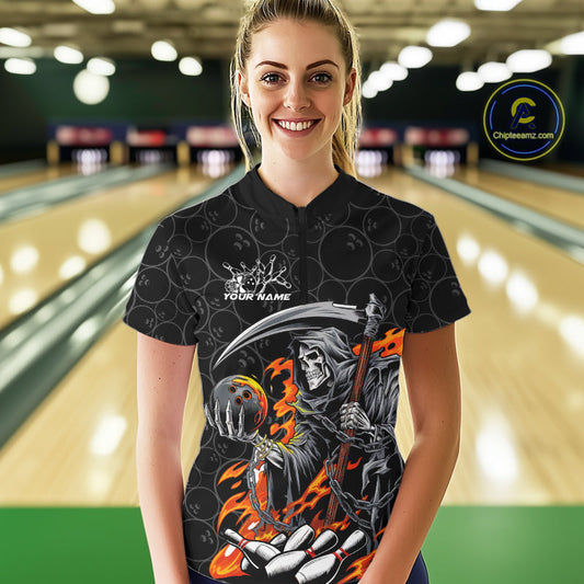 Custom Chaotic Flame Grim Reaper Bowling Women Quarter-Zip Shirt, Halloween Bowling Shirt IPHW9473