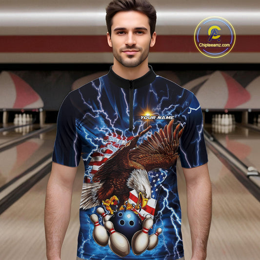 Custom Blue Lightning US Flag Eagle Bowling Team Quarter-Zip Shirts For Men, Patriotic Bowling IPHW9477