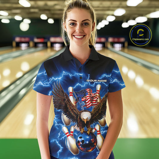 Custom Blue Lightning US Flag Eagle Bowling Team Polo Shirts For Women, Patriotic Bowling IPHW9479
