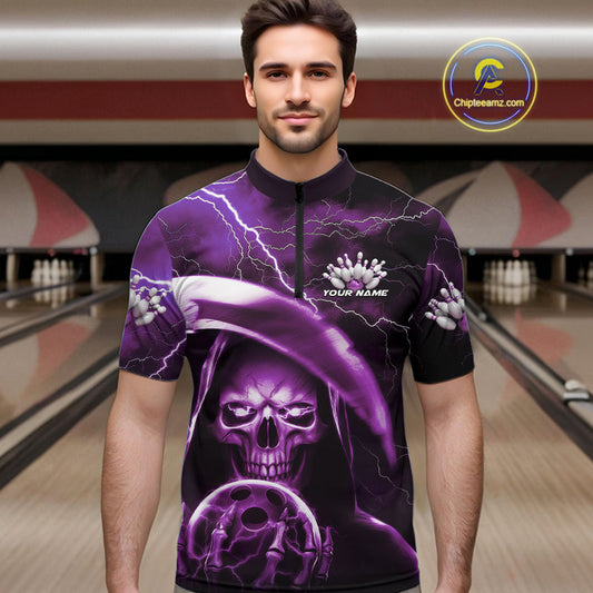 Custom Purple Thunder Lightning Grim Reaper Skull Halloween Bowling Quarter-Zip Shirts For Men IPHW9853