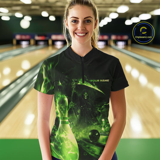 Custom Green Fire Flame Grim Reaper Bowling Women Quarter-Zip Shirts, Halloween Outfit IPHW9712