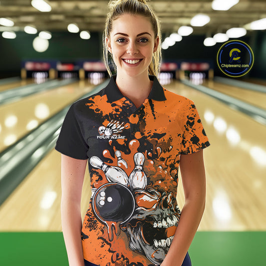 Custom Black And Orange Splatter Skull Bowling Team Women Polo Shirt, Halloween Outfit IPHW9727