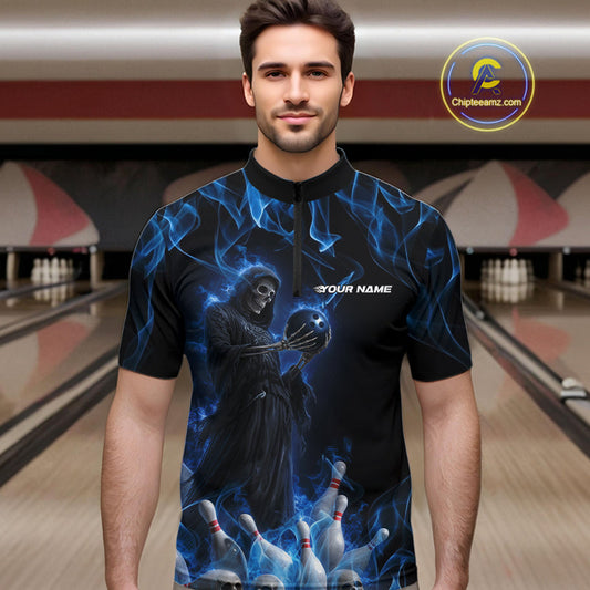 Custom Blue Flame Grim Reaper Bowling Quarter-Zip Shirts For Men, Halloween Bowling Outfit IPHW9729