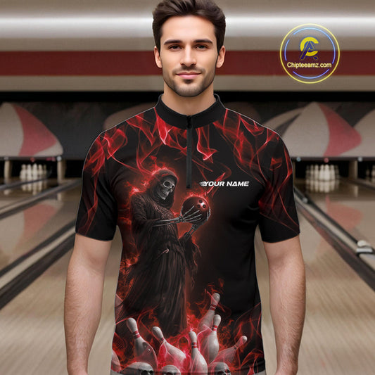 Custom Red Flame Grim Reaper Bowling Quarter-Zip Shirts For Men, Halloween Bowling Outfit IPHW9730