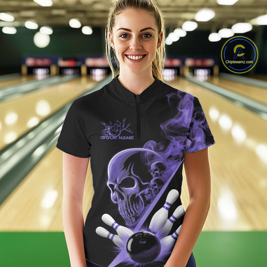Custom Purple Smoke Skull Women Bowling Team Quarter-Zip Shirts, Hallowen Bowlers Jerseys IPHW9525