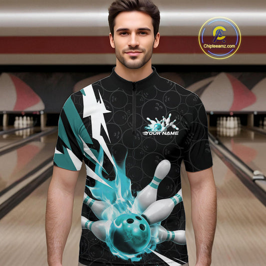 Custom Fiery Pine Green Bowling Men Quarter-Zip Shirts, Inferno Flame Bowling Team League Shirt IPHW9528
