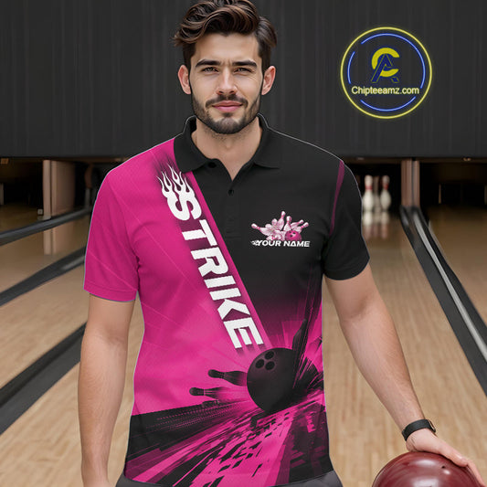 Custom Black And Pink Strike Bowling Polo Shirts For Men, Bowling Team Uniform IPHW9554