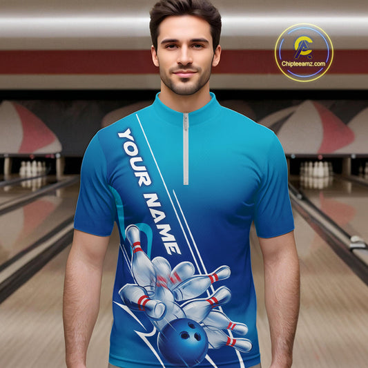 Custom Blue Bowling Pattern Bowling Team Quarter-Zip Shirts For Men, Blue Bowling Jerseys IPHW9428