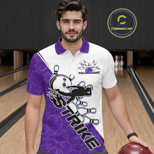 Cusom Purple Strike Bowling Team Polo Shirts For Men, Bowling League Shirt Bowlers Outfit IPHW9262