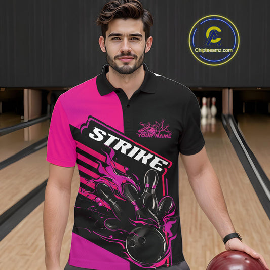Custom Black And Pink Flame Strike Bowling Polo Shirts For Men, Fire Bowling League Shirt IPHW9269