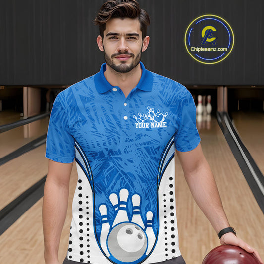 Custom Blue Camo Bowling Team Polo Shirts For Men, Bowling Jerseys Bowler Outfit IPHW9598