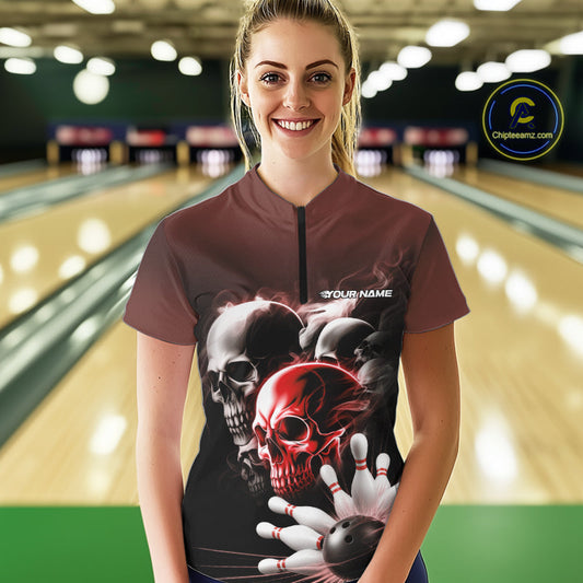 Custom Red Smoke Skull Bowling Women Quarter-Zip Shirt, Ghostly Halloween Bowling Outfit IPHW9520