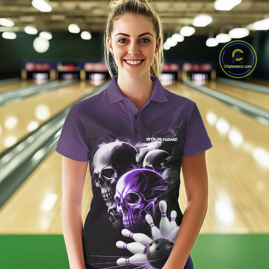 Custom Purple Smoke Skull Bowling Polo Shirts For Women, Ghostly Halloween Bowling Outfit IPHW9521