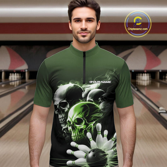 Custom Green Smoke Skull Bowling Quarter-Zip Shirts For Men, Ghostly Halloween Bowling Outfit IPHW9522