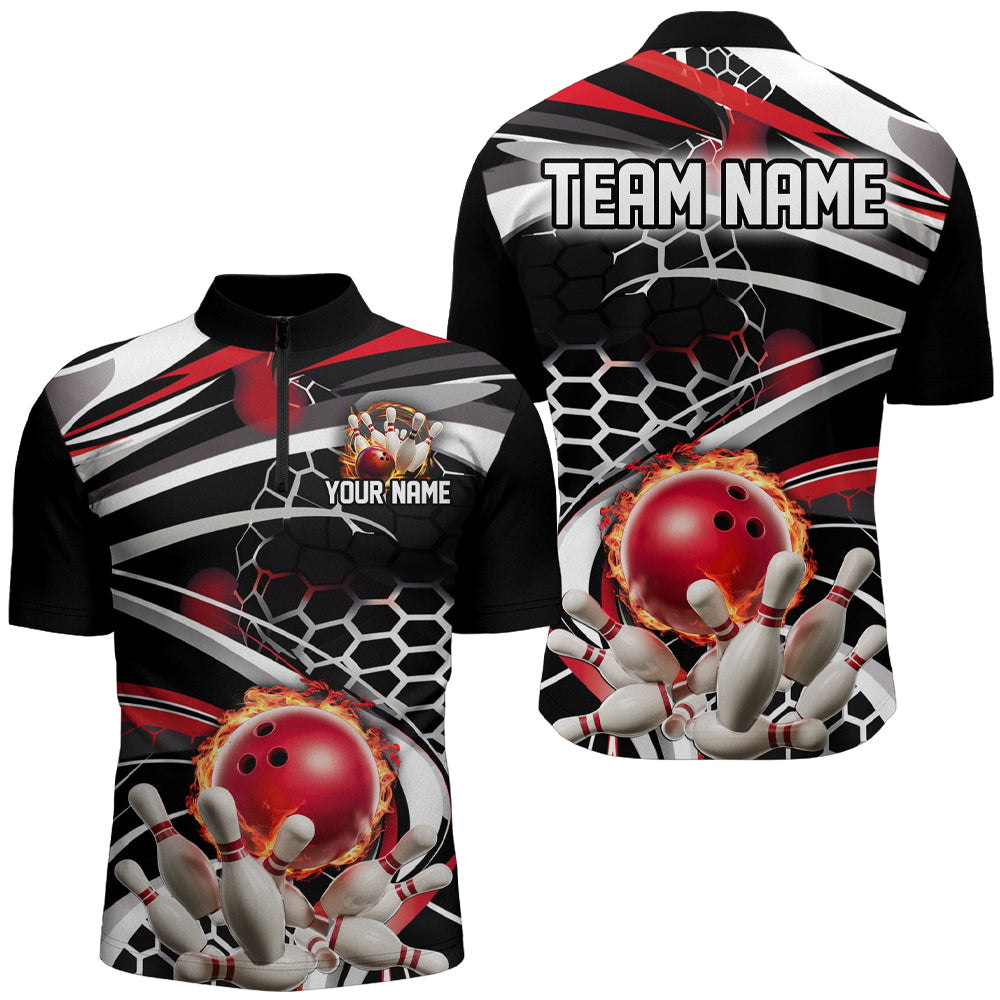 Red And Black Custom Flame Bowling Shirt Outfit Bowling, Bowling Team League Quarter Zip Shirts IPHW6771