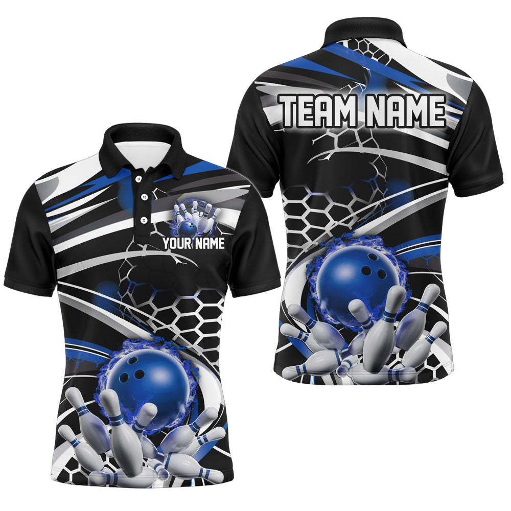 Blue And Black Custom Flame Bowling Shirt Outfit Bowling, Bowling Team League Shirts IPHW6772