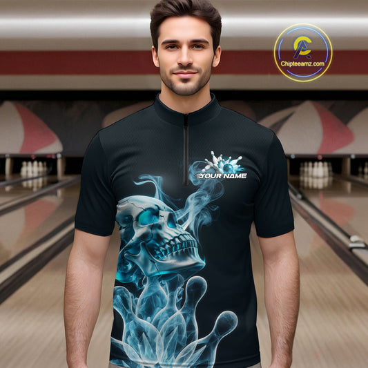 Custom Blue Flame Smoke Skull Bowling Quarter-Zip Shirts For Men, Halloween Bowling Outfit IPHW9494