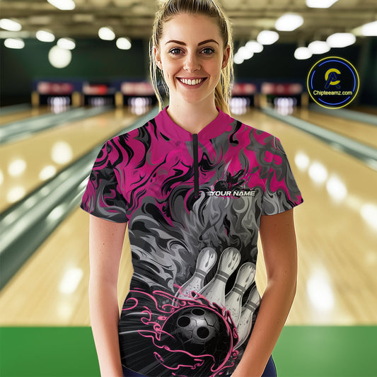 Custom Pink Flame Bowling Team Quarter-Zip Shirts For Women, Fire Bowling Jerseys IPHW9561