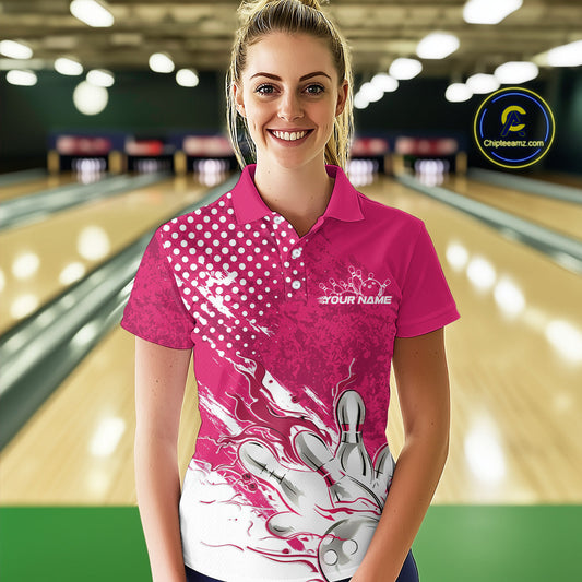 Custom White And Pink Bowling Team Polo Shirt For Women, Flame Bowling Jerseys Team Shirt IPHW9619