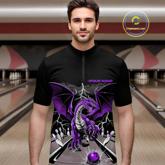 Custom Purple Dragon On The Lane Bowling Quarter-Zip Shirts For Men, Dragon Bowling Team Shirt IPHW9102