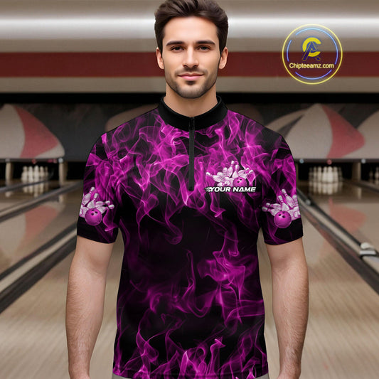 Custom Black And Pink Flame Bowling Team Men Quarter-Zip Shirts, Bowling Tournament Shirt IPHW9757