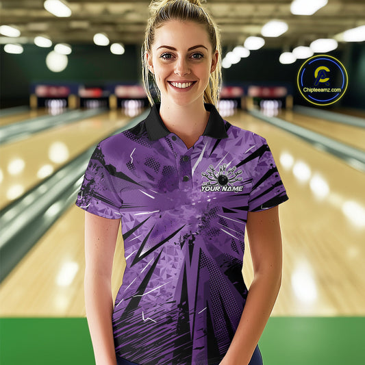 Custom Black And Purple Camouflage Bowling Team Women Polo Shirts, Bowling League Shirt IPHW9383