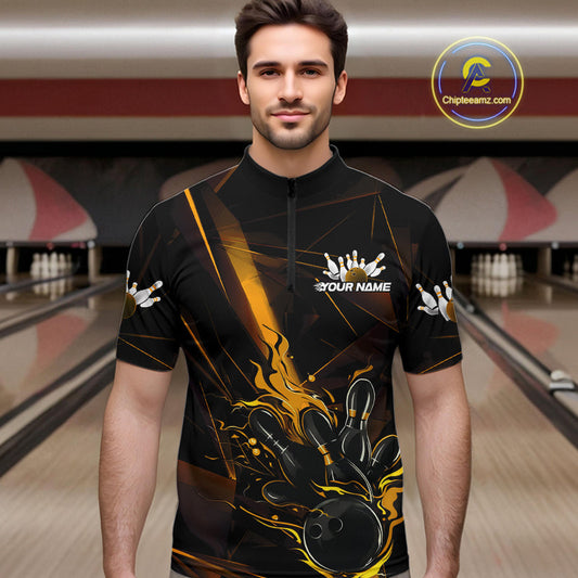 Custom Black And Gold Flame Bowling Team Men Quarter-Zip Shirts, Fire Bowling Jerseys IPHW9614