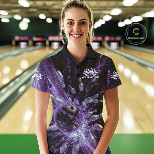 Custom Purple Thunder Lightning Bowling Team Women Polo Shirts, Bowling Jerseys IPHW9744