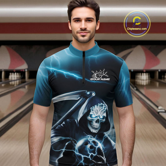 Custom Blue Lightning Grim Reaper Bowling Quarter-Zip Shirts For Men, Halloween Bowling Jerseys IPHW9843