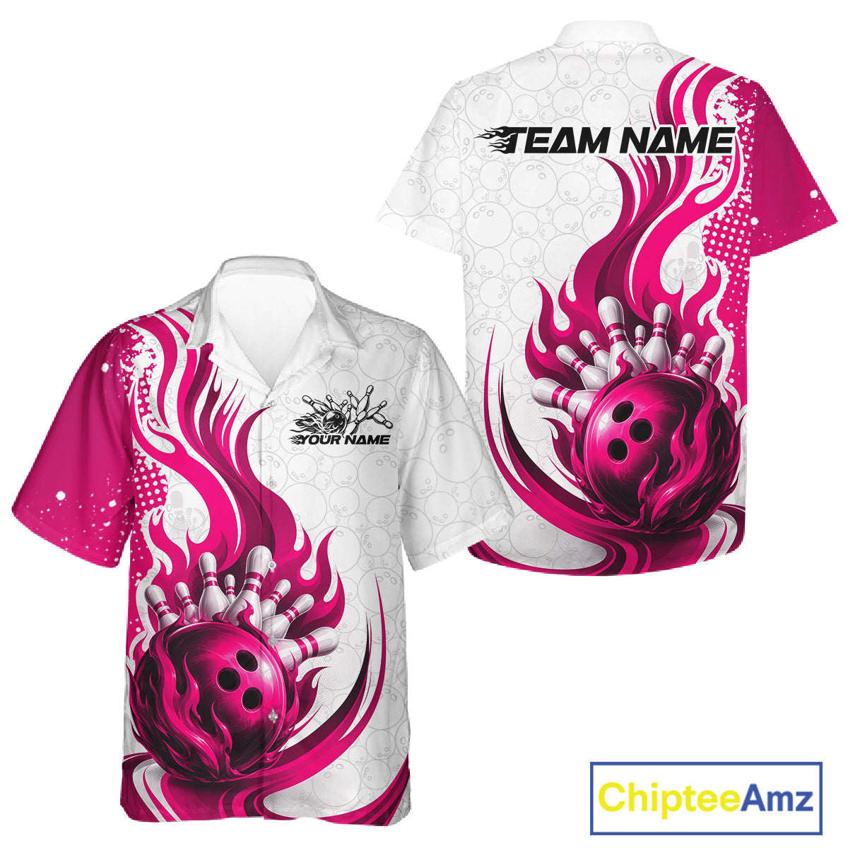 Custom Pink Flame Bowling Team Men And Women Hawaiian Shirt, Bowling Ball Pattern Bowling Jerseys IPHW11651
