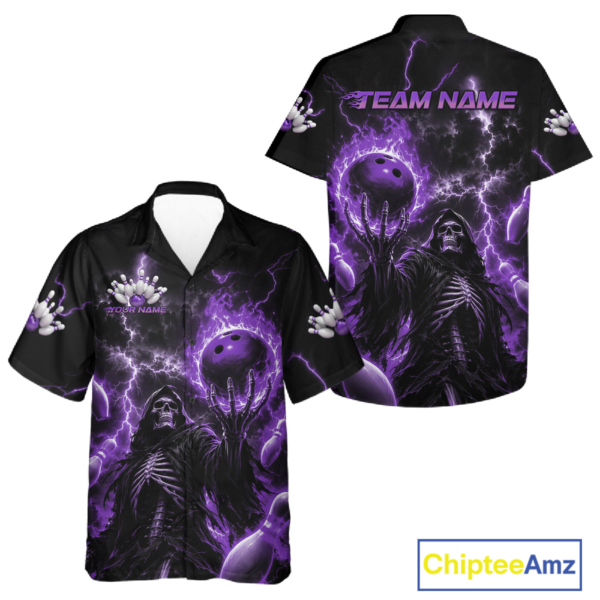 Custom Purple Fire Flame Bowling Grim Reaper Skull Men And Women Hawaiian Shirt, Halloween Bowler Outfit IPHW11663