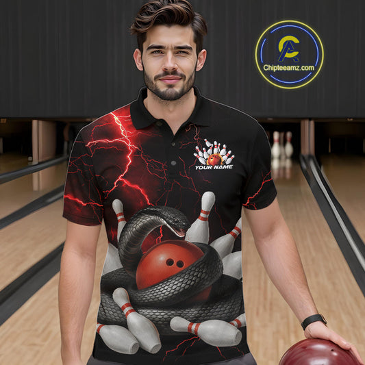 Custom Black And Red Thunder Lightning Black Mamba Snake Bowling Team Men Polo Shirt IPHW10152