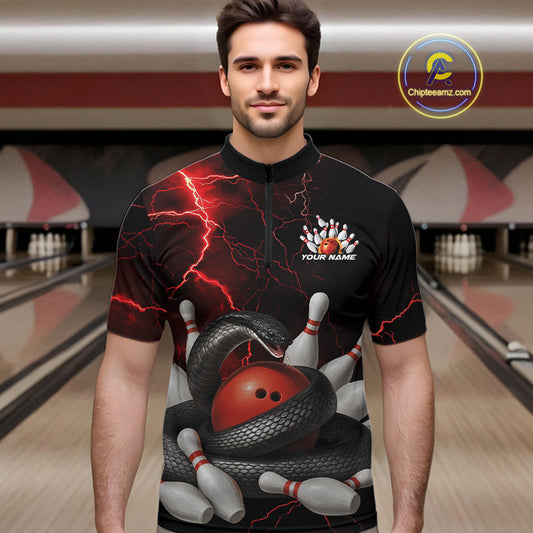 Custom Black And Red Thunder Lightning Black Mamba Snake Bowling Team Men Quarter-Zip Shirt IPHW10152