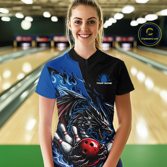 Custom Blue And Red Dragon Bowling Women Quarter-Zip Shirt, Dragon Bowling League Shirts IPHW10368
