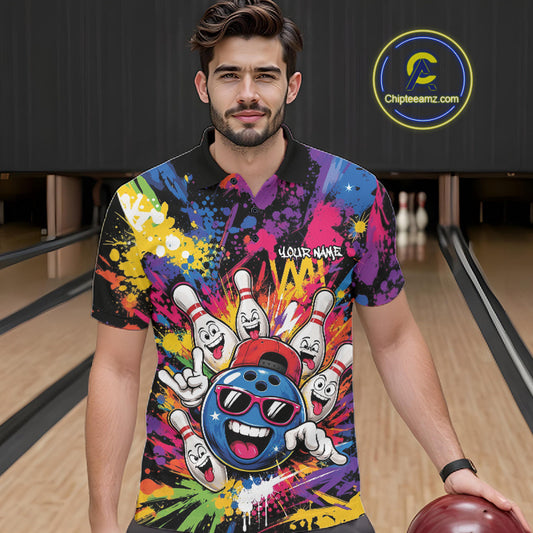 Custom Funny Colorful Hiphop Bowling Men Polo Shirt, Graffity Splatter Bowling Jersey IPHW11802