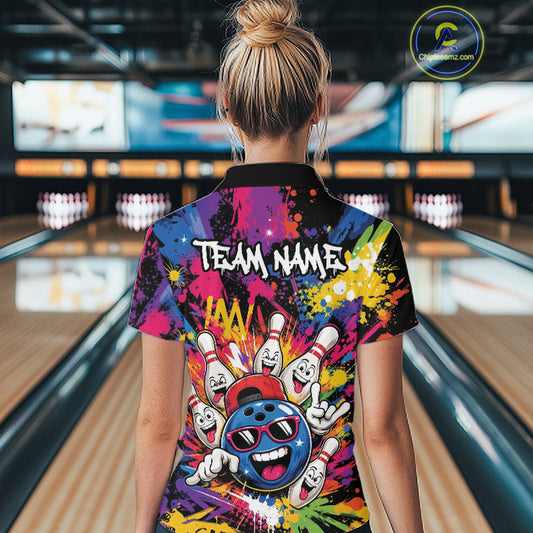 Custom Funny Colorful Hiphop Bowling Women Polo Shirt, Graffity Splatter Bowling Jersey IPHW11802