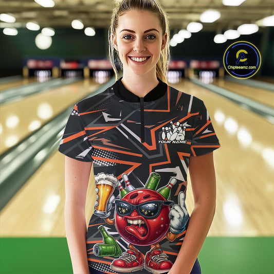 Custom Funny Bowling Ball Drink Beer Bowling Women Quarter-Zip Shirt, Orange Team Shirt IPHW10121