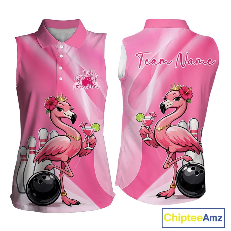 Front and back mockup of a pink women’s sleeveless bowling shirt featuring a crowned flamingo holding a cocktail beside a bowling ball with a hibiscus flower theme.