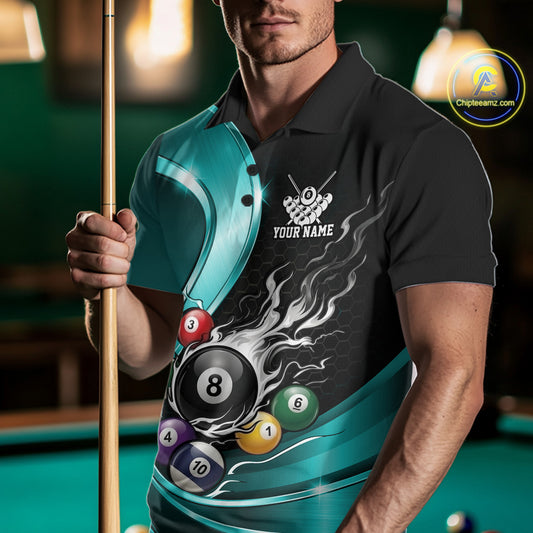 Front view of a male model wearing a black and blue billiard polo with metallic ribbons, dark honeycomb artwork, and a flaming 8-ball