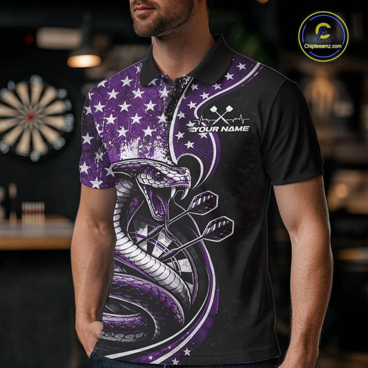 Custom Grunge Purple US Flag Patriotic Cobra Snake Dart Men Polo Shirt, Dart Jerseys IPHW10394