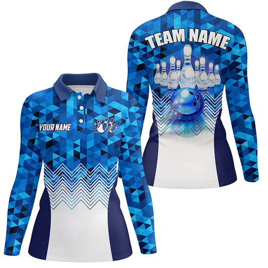 Blue Geometric pattern bowling ball and pins custom Women Bowling Polo Shirts, team bowling jerseys NQS7452