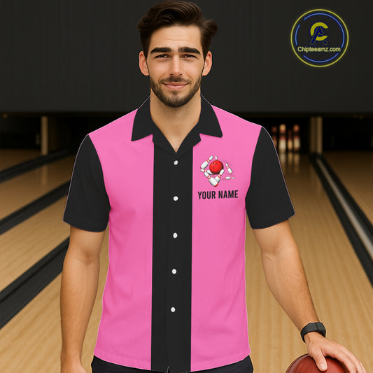 Personalized Pink Black Retro Bowling hawaiian shirts Custom vintage Team button up shirts NQS6568