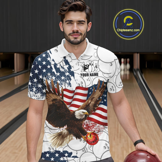 Red, White, Blue American Flag Eagle Men Bowling Shirts Custom Patriotic Camo Bowling Team Jersey NQS11192