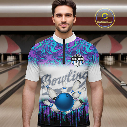 Men bowling Quarter Zip shirt Custom blue purple marble pattern bowling Team Jerseys, gift for bowlers NQS7141