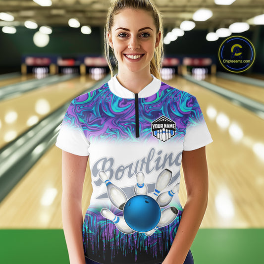 Womens Quarter Zip shirts Custom blue purple marble pattern bowling Team Jerseys, gift for bowlers NQS7141