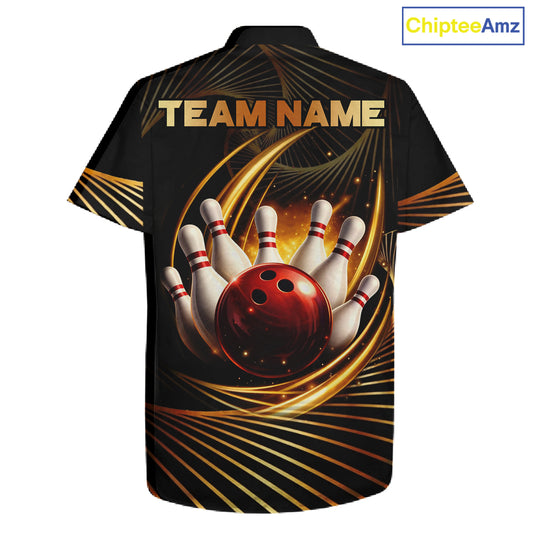 Custom Black and Gold Bowling Hawaiian Button-up Shirts, Team Bowling League Jerseys NQS11599