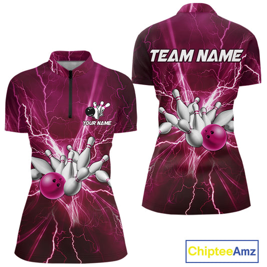 Women's Bowling Shirts Custom Pink Lightning Thunder Bowling Team Jersey, gift for team Bowlers NQS10603