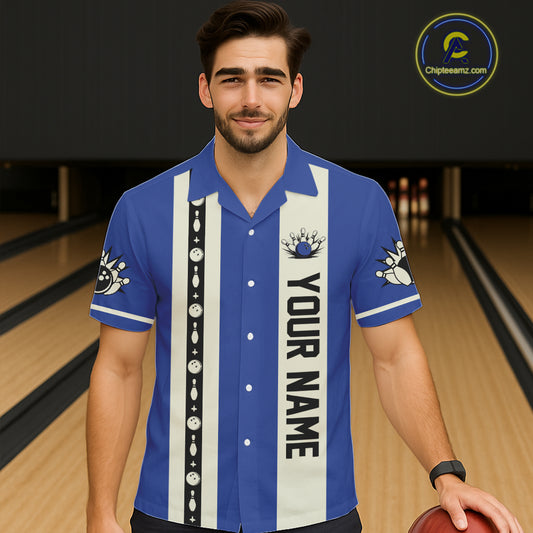 Blue Retro Bowling Hawaiian Shirt Custom Vintage Bowling Team Button up shirts NQS11212