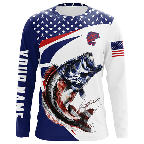 Red white and blue Largemouth Bass fishing American flag patriotic Custom UV protection Fishing Shirts NQS5689